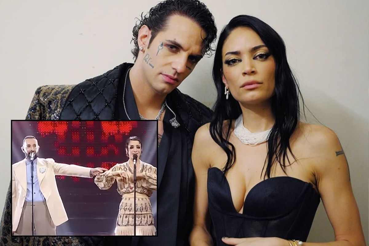 Achille Lauro con Elodie e in basso i Coma Cose