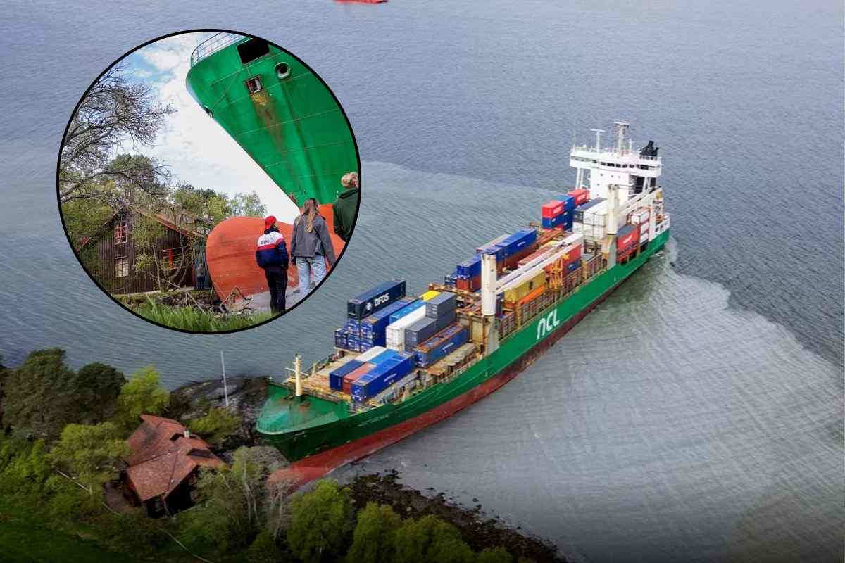 La nave cargo adagiata davanti alla casa
