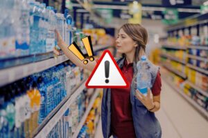 donna prende acqua nel supermercato e segnale di pericolo