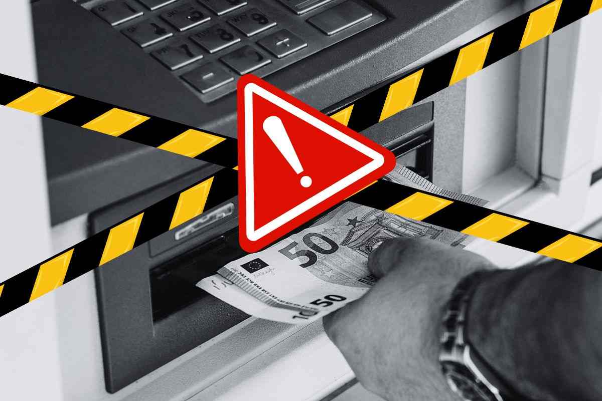 bancomat, segnale di pericolo e nastro nero e giallo