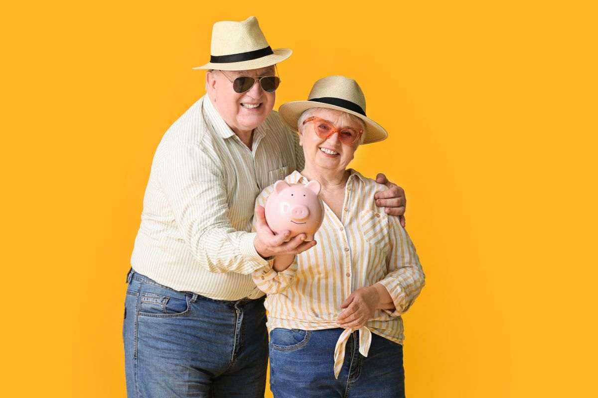 pensionati felici con salvadanaio