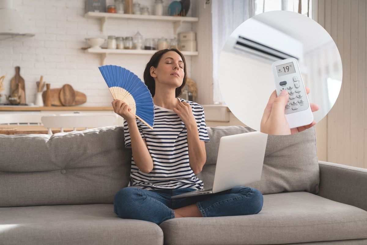 ragazza con ventilatore e condizionatore nel cerchietto