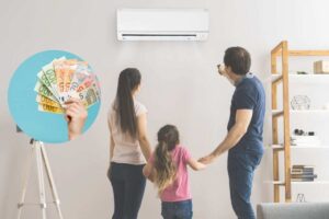 persone con condizionatore e nel cerchio soldi